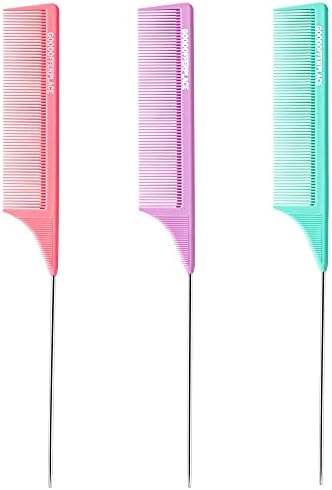 Goodofferplace 3PCS Hair Rat Tail Combs Parting Rattail Combs Teasing Fine Tooth Comb Metal Hair Pick Detangling Combs Set for Women,Girls(Pink Purple Green)