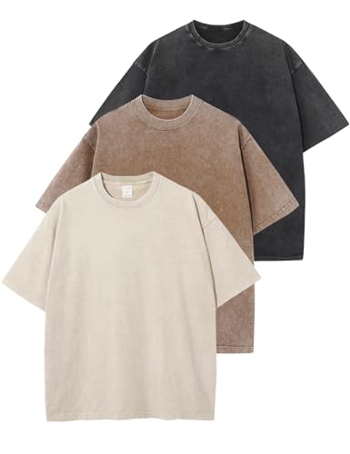 Arssm 3 Pack Men Oversized T Shirts Vintage Tee Loose Fit Short Sleeve Casual Streetwear Baggy Washed Unisex Tops(BlackKhakiBeige-L)