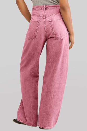Cicy Bell Womens Wide Leg Jeans Drawstring High Waisted Baggy Straight Leg Jeans Trendy Boyfriends Denim Pants with Pockets Pink — view 4