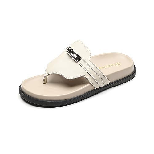 Women's Thick Soled Leather Flat Slippers, Black Beach Fashion Flip Flops, Sizes 5-11(Apricot,8)