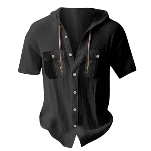 Mens Comfy Button Down Hooded Tops with Pockets, Short Sleeve Lightweight Shirts Casual Fashion Drawstring Hoodies