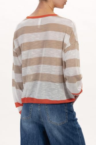 Women's Apricot Colorblock Striped Round Neck Drop Shoulder Sweater3