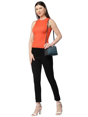 Image of Kalt Womens Knitted, Ribbed Cotton Fitted Sleeveless Round Neck Cami Tank Top