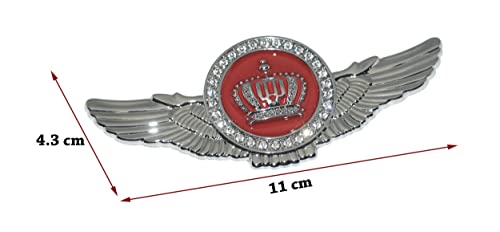 Incognito Winged King Crown Emblem Sticker for All Cars, Bikes, Metal (Silver with Red)