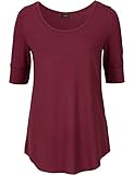 Womens Cotton Tops Elbow Length Sleeve Scoop Neck Summer Comfy Tee Shirts, Wine Red, Large