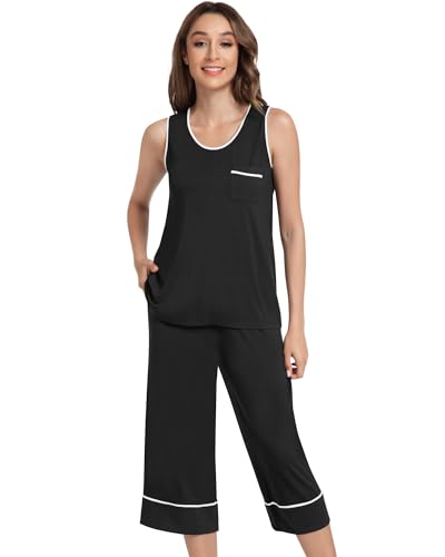 Image of NACHILA Pajamas Set for Women-Viscose Made from Bamboo, Tank Top with Capri Pants Pajama Cool Sleepwear Sleeveless Pjs