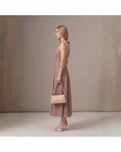 Image of Women's Gingham Veranda Maxi Dress, Halter Neck Tie Back, Sleeveless Plaid Long Sun Dress for Vacation and Brunch