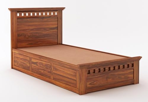 Image of Ganpati Arts Sheesham Wood Armania Single Size Bed with Box Storage for Bedroom | Wooden Single Bed Palang for Home (Natural Finish) 1 Year Warranty