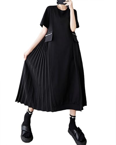 ellazhu Women's Dress Crewneck Short Sleeve Flowy Hem Patchwork Pleated GZ470