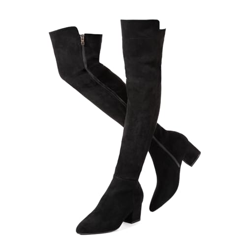 N.N.G Women Over Knee Boots Suede Thigh High Long Comfort Black Winter Low Square Toe Block Heel