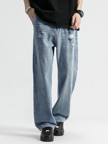 Jeans Pants Trousers Denim Street Light Color Punched Loose Straight Leg Wide Drop Feel Versatile Casual Men's Spring3