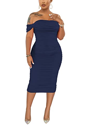 Image of Fooullaide Women's Sexy Off Shoulder Sleeveless Bodycon Ruched Midi Dress | Stretchy, Breathable, Mesh, Not See-Through, Elegant,Formal Gown, Cocktail, Evening, Party, Night Out Tube Dresses