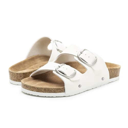 Image of FITORY Womens Flat Sandals with Cork Footbed, Open Toe Arch Support Slides Adjustable Slip On Slippers for Summer 2026 Size 6-11