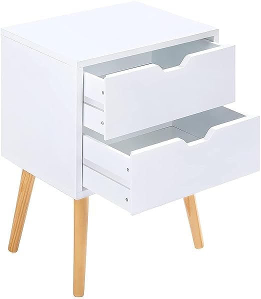 Image of Organizing Nightstand Solid Wood Legs Mid-Century Modern Bedside Table Practical and Simplistic End Side Table with Two Drawers (White)