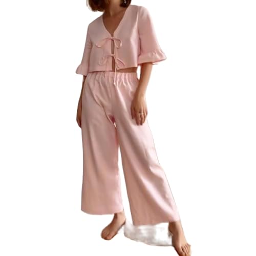 Image of Argeousgor Women Plaid 2 Piece Pajama Set Button Down Puff Sleeve Babydoll Shirt Gingham Pants Pj Lounge Set Sleepwear