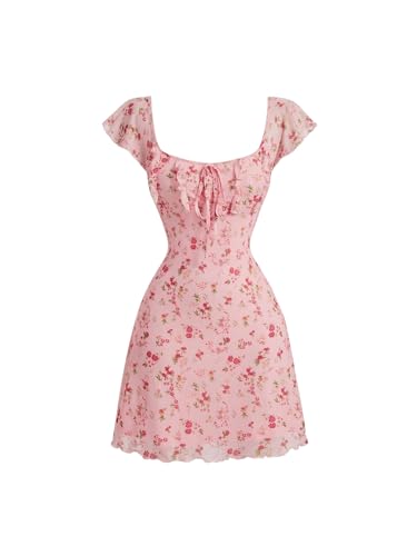 Image of Floerns Women's Floral Print Cap Sleeve Dress Square Neck Tie Front Summer A Line Cute Mini Dresses