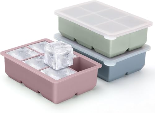 Silicone Ice Cube Trays with Lids 3 Pack Large Square Molds in Pink Green Grey BPA Free Stackable for Whiskey Cocktails