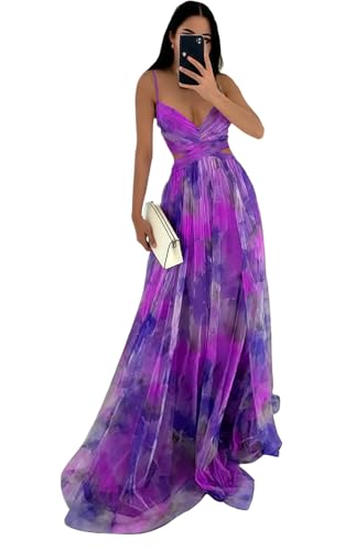 Women's Floral Print Tulle Prom Dresses Spaghetti Straps V Neck Formal Party Gown A Line Bridesmaid Dress