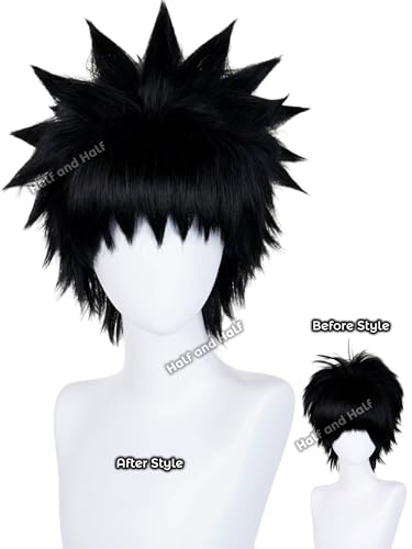 Image of Half and Half Short Black Anime Cosplay Wig for Men Black Nin-ja Male Wigs Black Spiky Layered Synthetic Hair Wig for Halloween Party Costumes