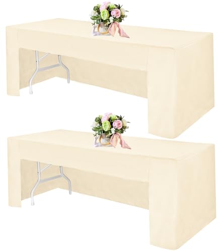 2 Pack Open Back Fitted Rectangle Tablecloths 72 x 30 Inch, Beige Table Clothes for 6 Foot Tables, Washable Polyester Fitted Table Cover for Parties, Wedding, Banquet, Trade Show (Beige, 6FT)