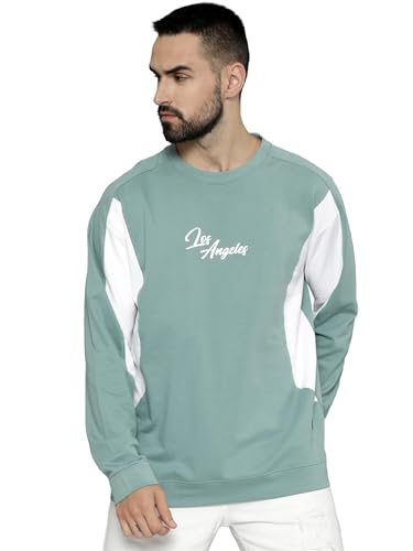 Image of Maniac Mens Printed Cutpanel Round Neck Fullsleeve Berly Green and White Cotton Oversized T-Shirt