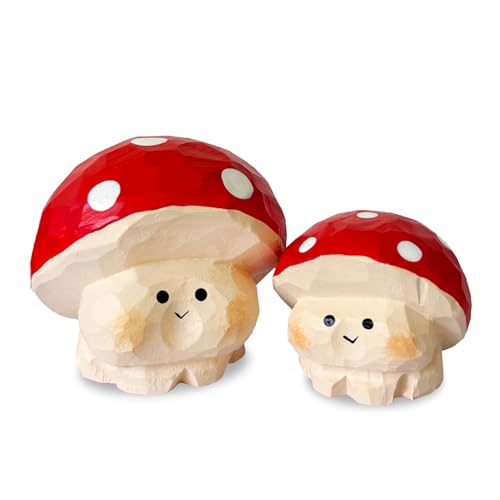 Abirdflyer 2Pieces Wooden Mushroom Figurine, Fairy Wild Garden Supplies, for desks, Bookshelves, windowsills, Car Dashboard, or Any Small Space Needing a Joyful touc, Handmade Decor (2pcs-red)