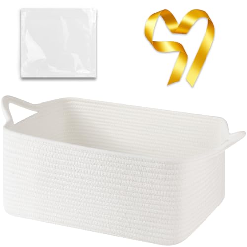 Image of OIASKET Large Empty Cotton Rope Gift Basket with Handles, 16.5 inchx12.6 inchx7 inch Decorative Woven Storage Basket with Gift Bag and Ribbon Set for Baby Shower, Toy Organizer for Kids, Dogs & Cats - White