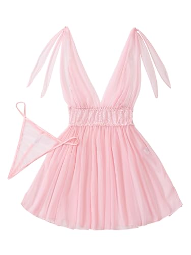 Image of Lilosy Sexy Polka Dots Mesh Sheer Lace Babydoll Chemise Lingerie Set Floral Sleep Wear