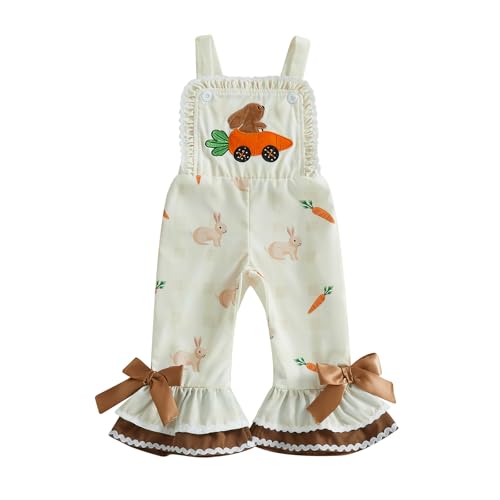 Onfmst Toddler Baby Girl Easter Outfit Bunny Carrot Print Sleeveless Romper Summer Overalls Jumpsuit Cute Bell Bottoms (Beige Bunny 3-4T)