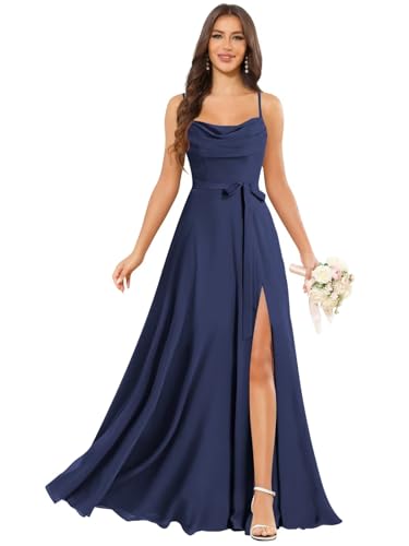 Long Chiffon Bridesmaid Dresses Spaghetti Straps Cowl Neck Pleated Formal Evening Gowns with Slit