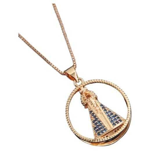 Colar Nossa Senhora Aparecida Banhado a Ouro 18k, Pingente Circular com Zircônias Azuis e Brancas, Dupla Face