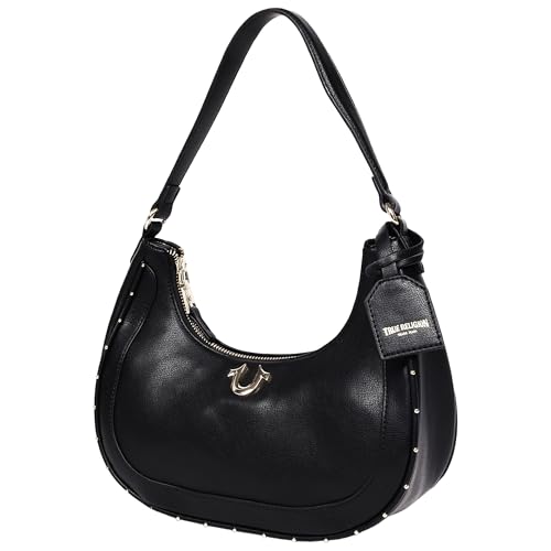 True Religion Bolsa Crescent Hobo, bolsa de ombro de corrente cravejada com duas alças de transporte, detalhes dourados, preta