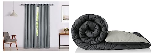 Image of Amazon Brand - Solimo Microfibre Reversible Comforter, Single (Pale Grey & Steel Grey, 200 GSM) Room Darkening Blackout Door Curtain, 7 Feet, Set of 2