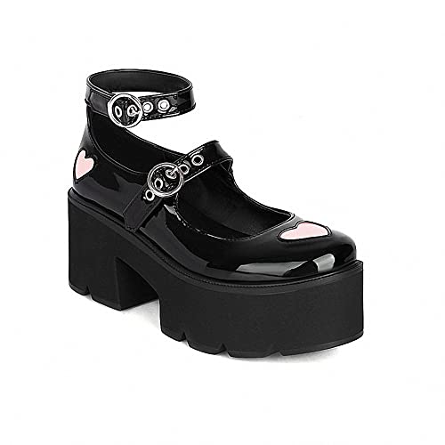 Image of Women's Platform Mary Janes Heart Cat Buckle Rivets Ankle Lolita Gothic Princess Platform Pumps Patent Leather Thorn Vintage Traditional Embroidery Upper Dress Shoes