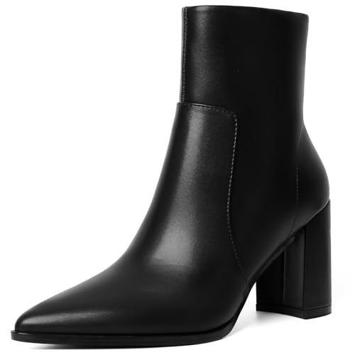 Image of Susanny Black Chunky High Heel Warm Boots for Women Ankle Slip On Heeled Boot Mid Calf Chelsea Booties Leather Dress Work Hiking Snow Shoes 8.5