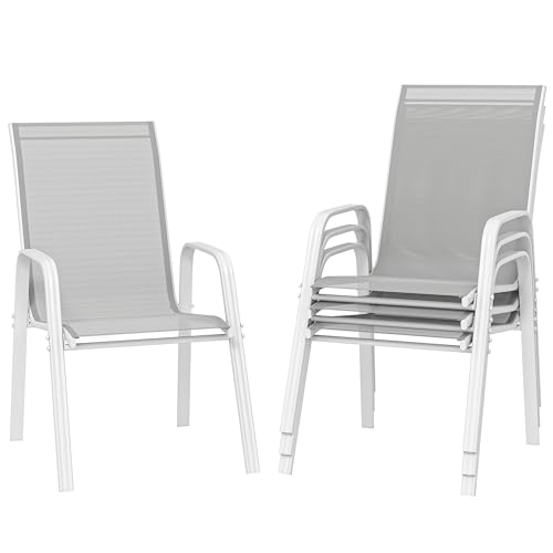 Outsunny Juego de 4 Sillas de Jardín Exterior Sillas Terraza Exterior Apilables Sillón de Comedor con Tela Transpirable Marco de Metal Reposabrazos y Respaldo 54x75,5x95 cm Gris Claro