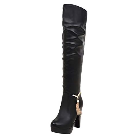 Linkay Women's Boots, Fashion Pure Color Round Toe Slip-On Boots Square Heels Vintage Shoes Black, 5.5 UK Cover