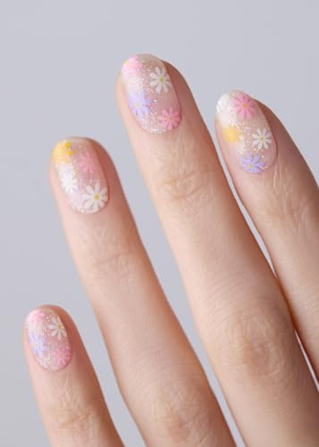 Image of ohora Semi Cured Gel Nail Strips (N Daisy Disco) - Rainbow, Works with Any UV /LED Lamps, Salon-Quality, Long Lasting, Easy to Apply & Remove - Includes 2 Prep Pads, Nail File & Wooden Stick