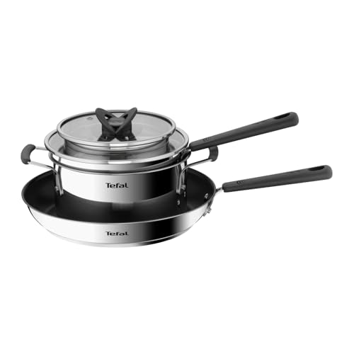 Tefal G737S5 Opti'Space Topf- & Pfannenset 5-teilig | Stielkasserolle 16 cm (inkl. Deckel) | Kochtopf 20 cm (inkl. Deckel) | Pfanne 28 cm | Edelstahl | Antihaftversiegelung (Pfanne) | alle Herdarten