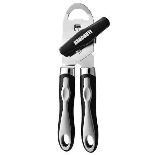 HAOCHUYI Classic Multifunction Can Opener and Bottle Opener Easy to Use, Razor Sharp Stainless Steel Cutting Wheel, Soft Ergonomic Handles, Black ﻿