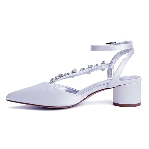 Pointed Toe Strappy Sandals For Women, Closed Toe Low Heel Women Bridal Shoes, Satin Wedding Bridal Court Shoes With Rhinestones3
