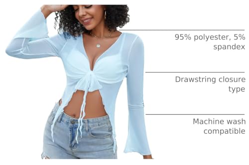 Image of Avidlove Women Mesh Crop Top Y2K Tie Front Tops Rave Top Sheer Cardigan Sexy V Neck Outfits S-2XL