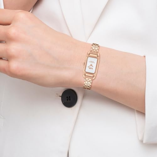 Image of Coach Cadie Qtz Basic Silver White Rectangle Dial Women's Analog Watch|Ionic Plated Rose Gold Steel & Crystals Material|Gold Color Band - 14504197