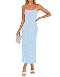 ZESICA Women's 2025 Summer Boho Floral Strapless Bodycon Dress Off Shoulder Tube Beach Party Long Midi Dresses,Blue,Medium