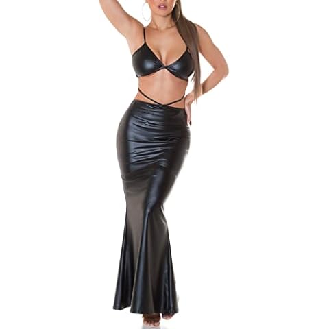 Hot Party Maxi Straps Dress in Wet Look with Slit, black, One size Cover