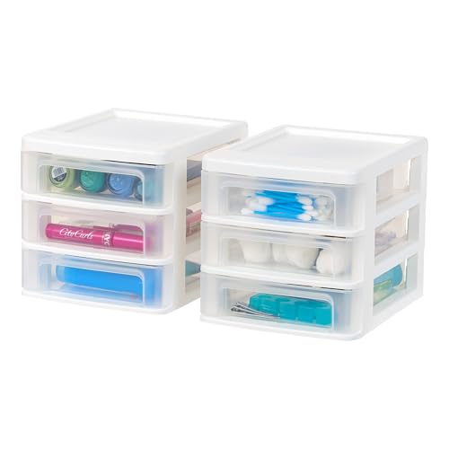 Iris Ohyama, Tour de Rangement Plastique, 3 Petits Tiroirs, Lot de 2, Blanc, Ouverture Facile, Format B6, Meuble, Organisateur, pour Bureau, Fournitures...