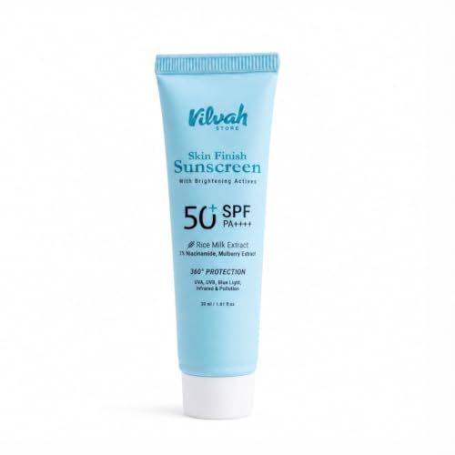 Image of Vilvah Skin Finish Sunscreen SPF 50 PA++++ | No White Cast, Water-Resistant Sunscreen | Hydrating, Lightweight, Non-Greasy | UVA & UVB Protection with Natural UV Filters & Rice Milk | Unisex, For All Skin Types | 30g