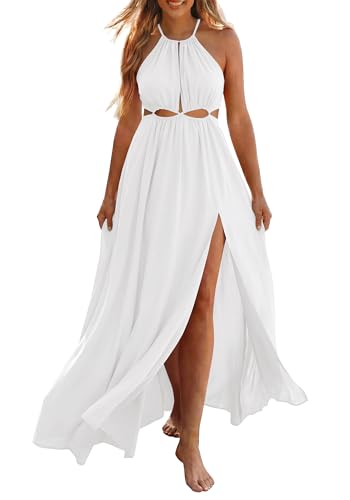 BTFBM Women Halter Summer Dresses 2026 Sleeveless Cutout Backless Sundress Slit Boho Maxi Beach Wedding Guest Dress(White, Small)