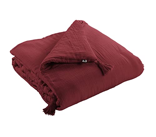 Edredon - Couverture - Dessus de lit - Bout de lit - avec 4 Pompons - Certifié Oeko-Tex - Gaze de Coton - 150 x 150 cm Gaia Coloris Rouge Lie de vin
