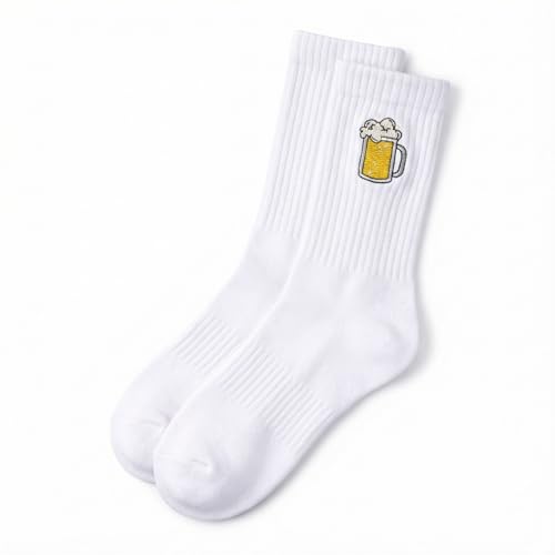 Bier Socken Weiße Crew-Socken mit gesticktem Bierkrug Oversized Baumwollsocken (3645) Geschenkidee für Bierliebhaber